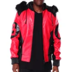 Men's 8 Ball Color Block Red & Black Hooded Bomber Real Leather Jacket