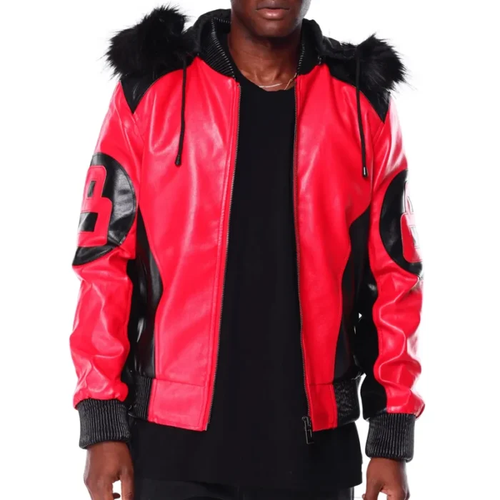 Men's 8 Ball Color Block Red & Black Hooded Bomber Real Leather Jacket