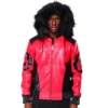 Men's 8 Ball Color Block Red & Black Hooded Bomber Top Grain Leather Jacket