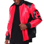 Men's 8 Ball Color Block Red Hooded Bomber Leather Jacket