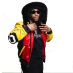 Men’s 8 Ball Color Block Red & Yellow Fox Fur Hood Real Leather Jacket