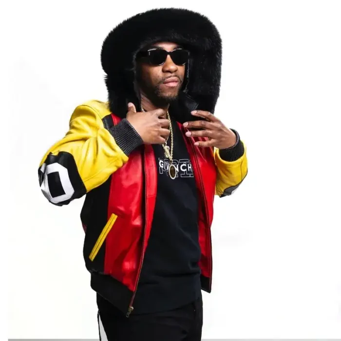 Men’s 8 Ball Color Block Red & Yellow Fox Fur Hood Real Leather Jacket