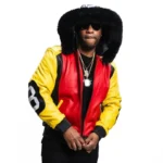 Men’s 8 Ball Color Block Tri Color Fox Fur Hood Real Leather Jacket
