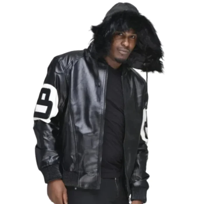 Men's 8 Ball David Puddy Black Bomber Leather Jacket with Fur Hood
