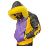 Men's 8 Ball Purple & Black Fox Fur Hood Leather Jacket