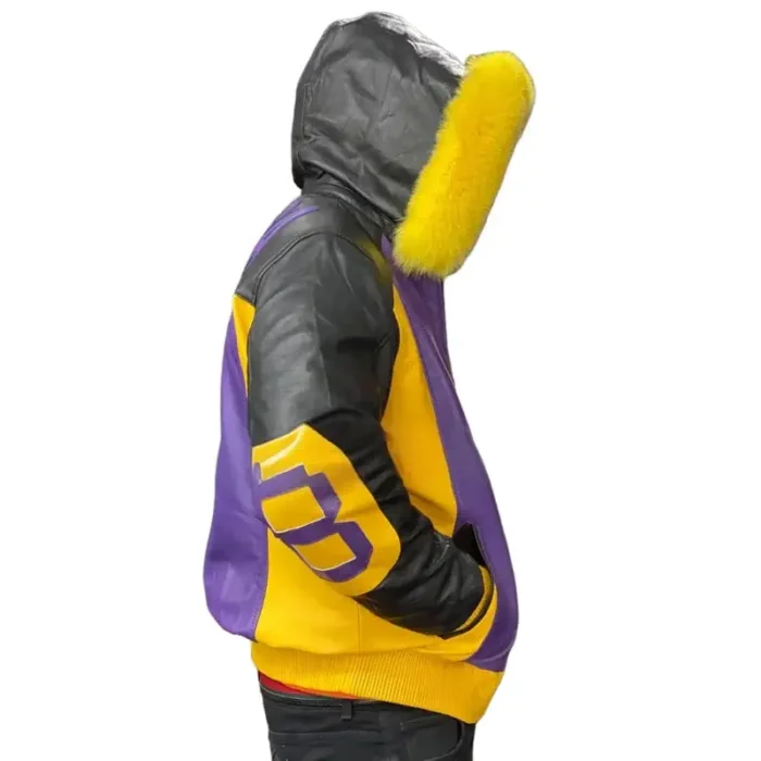 Men's 8 Ball Purple & Black Fox Fur Hood Real Leather Jacket