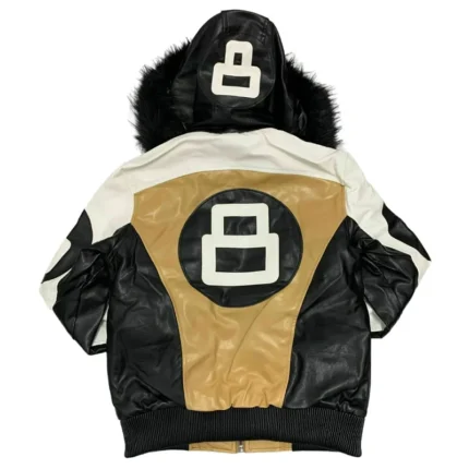 Men's 8 Ball Robert Phillipe Beige and Black Fur Hood Leather Jacket