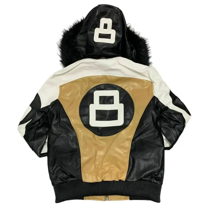 Men's 8 Ball Robert Phillipe Beige and Black Fur Hood Leather Jacket