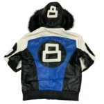 Men's 8 Ball Robert Phillipe Blue and Black Fur Hood Leather Jacket