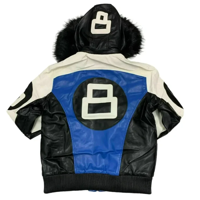 Men's 8 Ball Robert Phillipe Blue and Black Fur Hood Leather Jacket