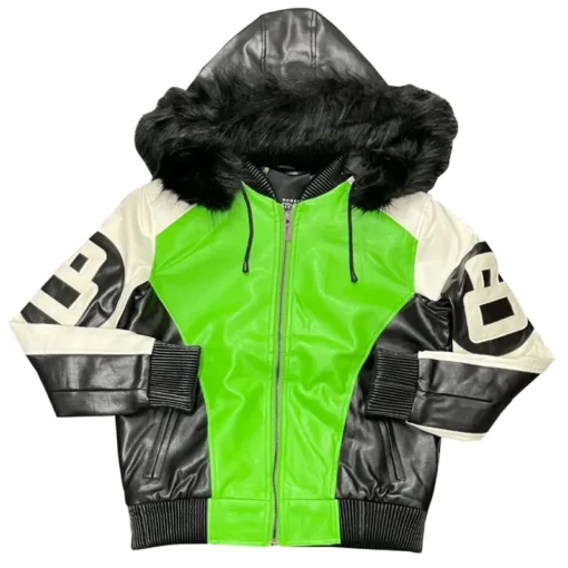 Men's 8 Ball Robert Phillipe Lime Green and Black Fur Hood Leather Jacket