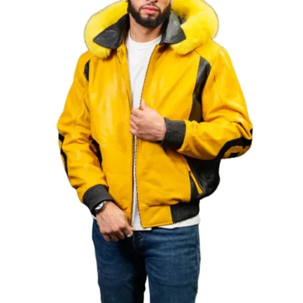 Men's Eight Ball 80’s Old School Yellow & Black Fox Fur Hood Real Leather Jacket