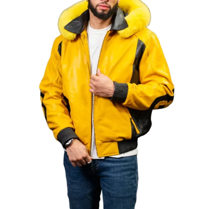 Men's Eight Ball 80’s Old School Yellow & Black Fox Fur Hood Real Leather Jacket