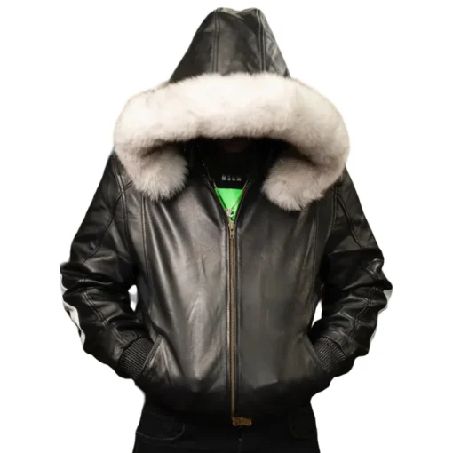 Men's Eight Ball Black Fox Fur Hood Real Leather Jacket