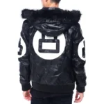 Men's Eight Ball Color Block Black Hooded Bomber Full Grain Leather Jacket