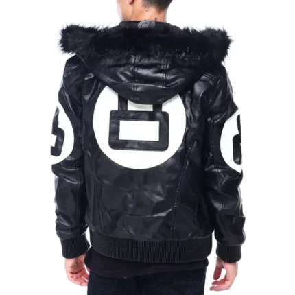 Men's Eight Ball Color Block Black Hooded Bomber Full Grain Leather Jacket