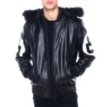 Men's Eight Ball Color Block Black Hooded Bomber Real Leather Jacket