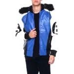 Men's Eight Ball Color Block Blue Faux Fur Hood Bomber Full Grain Leather Jacket