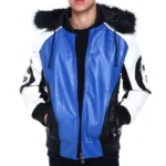 Men's Eight Ball Color Block Blue Faux Fur Hood Bomber Leather Jacket