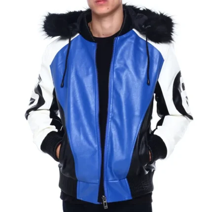 Men's Eight Ball Color Block Blue Faux Fur Hood Bomber Leather Jacket