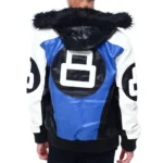 Men's Eight Ball Color Block Blue Faux Fur Hood Bomber Real Leather Jacket