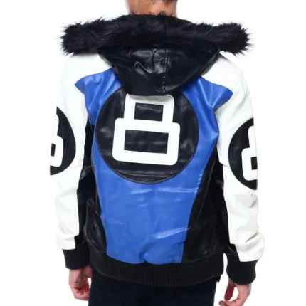 Men's Eight Ball Color Block Blue Faux Fur Hood Bomber Real Leather Jacket