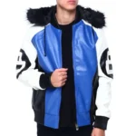 Men's Eight Ball Color Block Blue Faux Fur Hood Bomber Top Grain Leather Jacket