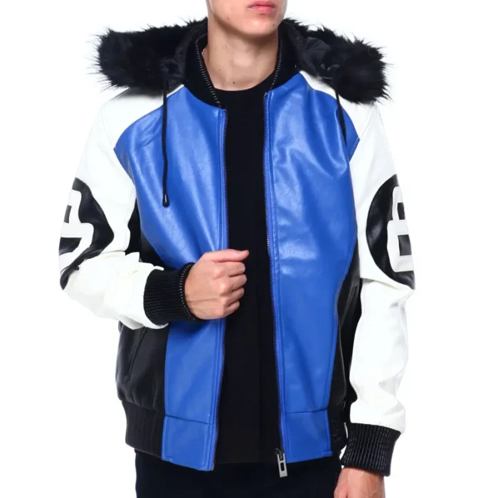 Men's Eight Ball Color Block Blue Faux Fur Hood Bomber Top Grain Leather Jacket