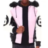 Men's Eight Ball Color Block Light Pink Faux Fur Hood Bomber Leather Jacket