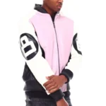 Men's Eight Ball Color Block Light Pink Faux Fur Hood Bomber Real Leather Jacket