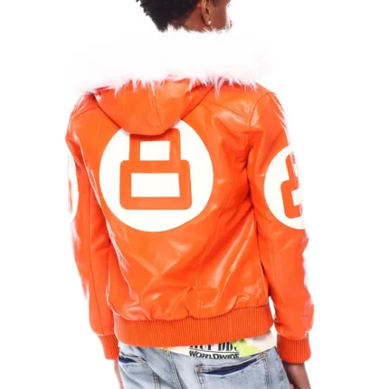 Men's Eight Ball Color Block Orange Hooded Bomber Full Grain Leather Jacket