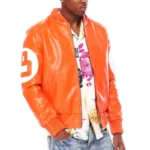 Men's Eight Ball Color Block Orange Hooded Bomber Real Leather Jacket