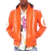 Men's Eight Ball Color Block Orange Hooded Bomber Top Grain Leather Jacket