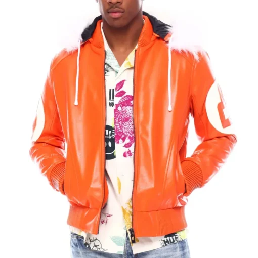 Men's Eight Ball Color Block Orange Hooded Bomber Top Grain Leather Jacket