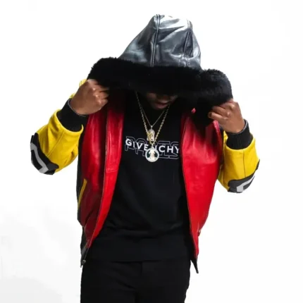 Men’s Eight Ball Color Block Red Fox Fur Hood Leather Jacket