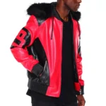 Men's 8 Ball Color Block Red Hooded Bomber Leather Jacket