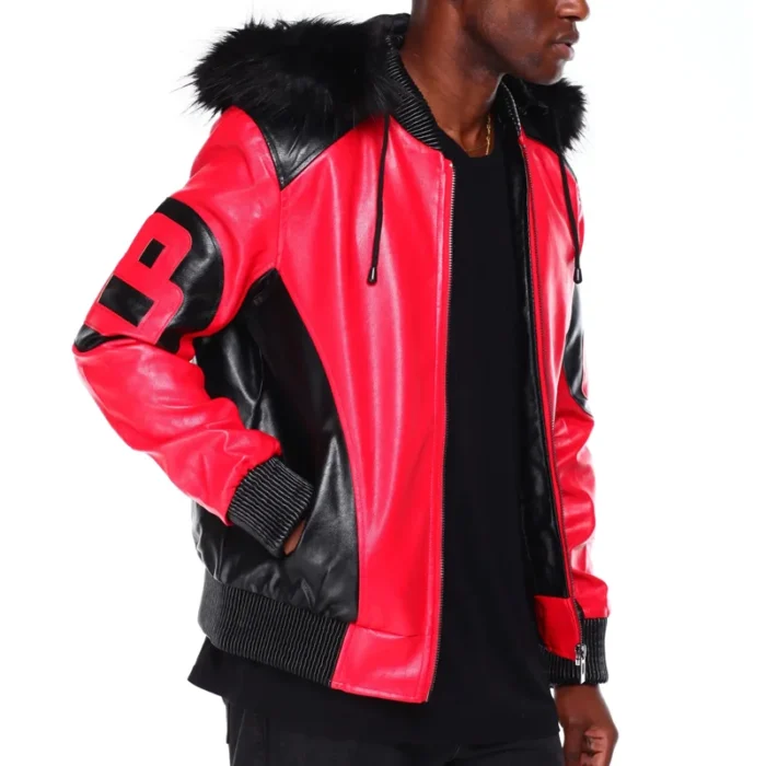 Men's 8 Ball Color Block Red Hooded Bomber Leather Jacket