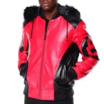 Men's Eight Ball Color Block Red Hooded Bomber High Quality Leather Jacket
