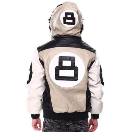 Men's Eight Ball Color Block Sand Faux Fur Hood Bomber Full Grain Leather Jacket