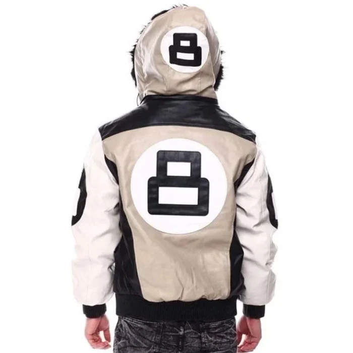 Men's Eight Ball Color Block Sand Faux Fur Hood Bomber Full Grain Leather Jacket
