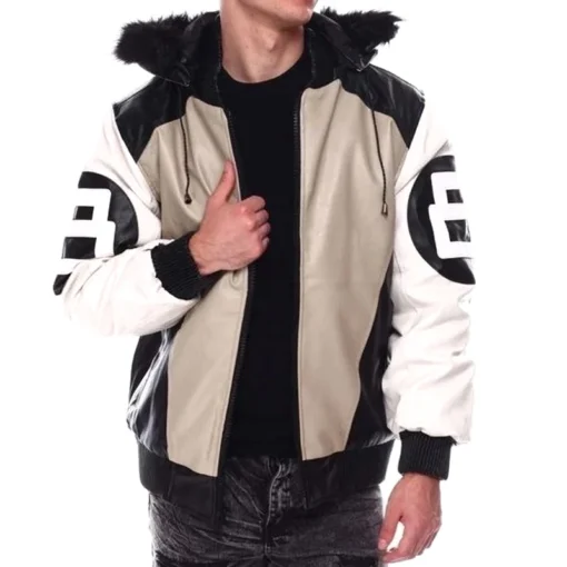 Men's Eight Ball Color Block Sand Faux Fur Hood Bomber Leather Jacket