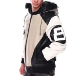 Men's Eight Ball Color Block Sand Faux Fur Hood Bomber Real Leather Jacket