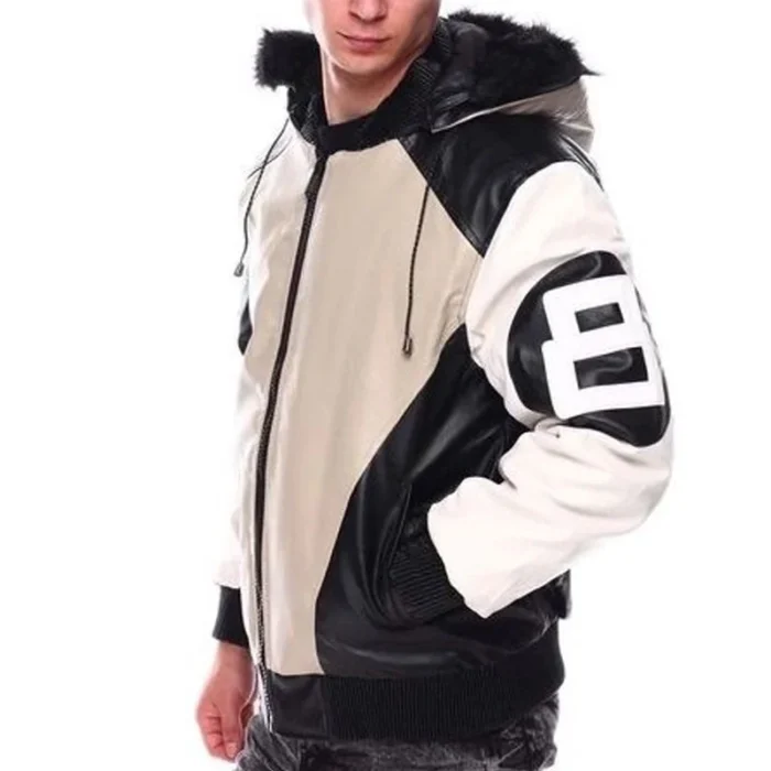 Men's Eight Ball Color Block Sand Faux Fur Hood Bomber Real Leather Jacket
