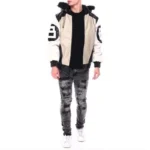 Men's Eight Ball Color Block Sand Faux Fur Hood Bomber Top Grain Leather Jacket