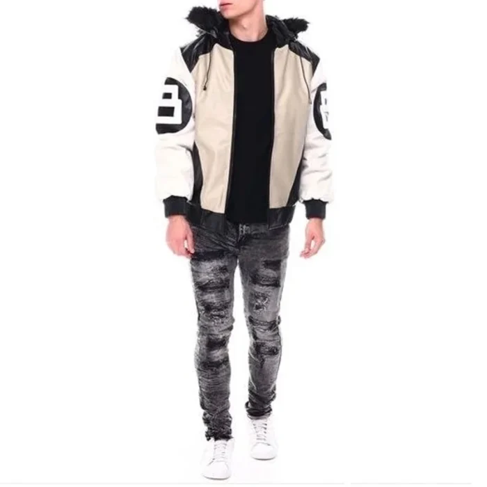 Men's Eight Ball Color Block Sand Faux Fur Hood Bomber Top Grain Leather Jacket