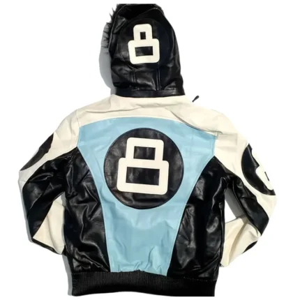 Men's Eight Ball Color Block Sky Blue Hooded Bomber Leather Jacket