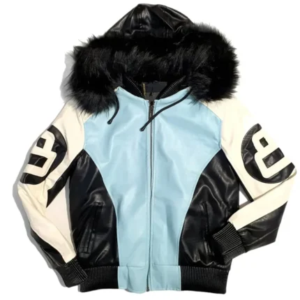Men's Eight Ball Color Block Sky Blue Hooded Bomber Real Leather Jacket