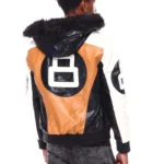 Men's Eight Ball Color Block Timber Hooded Bomber Real Leather Jacket