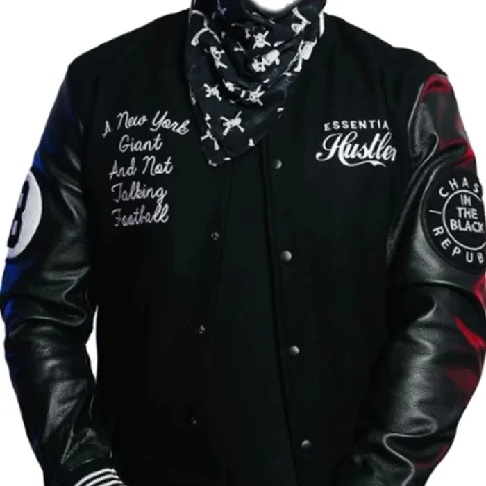 Men's Eight Ball Essential Hustler’s Black Varsity Wool Jacket with Real Leather Sleeves