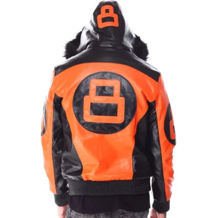 Men's Eight Ball Orange Color Block Hooded Bomber Real Leather Jacket